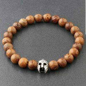 WOODEN BEADED BRACELET SPARTAN HELMET CHARM